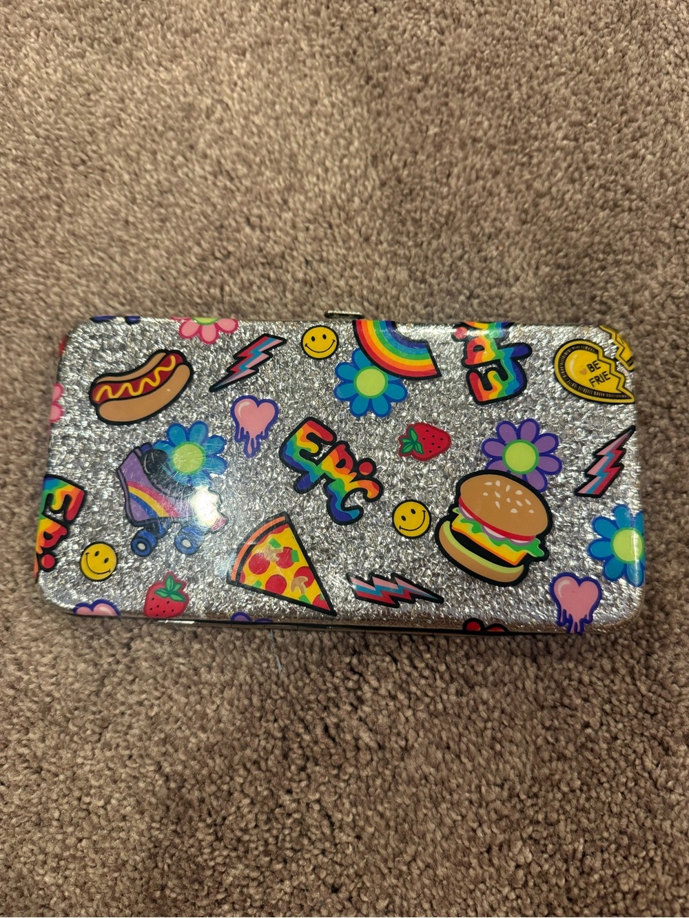 Claire's Silver Glitter Sticker Pencil Case with Rainbow Icons